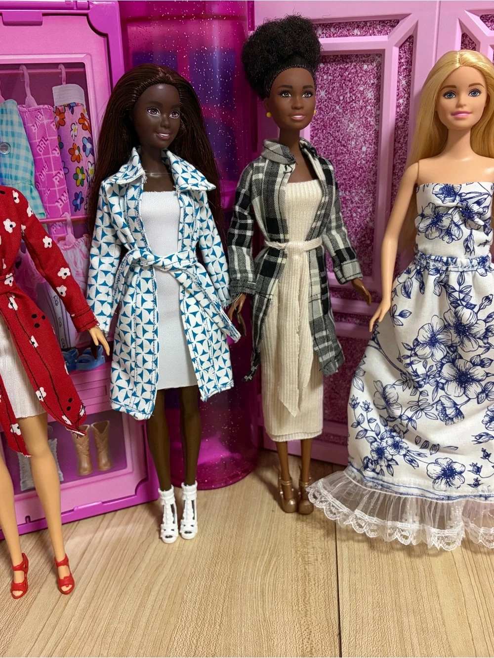 Barbie Dolls Outfit Set with Blue Patterned Trench and Black Plaid Coat